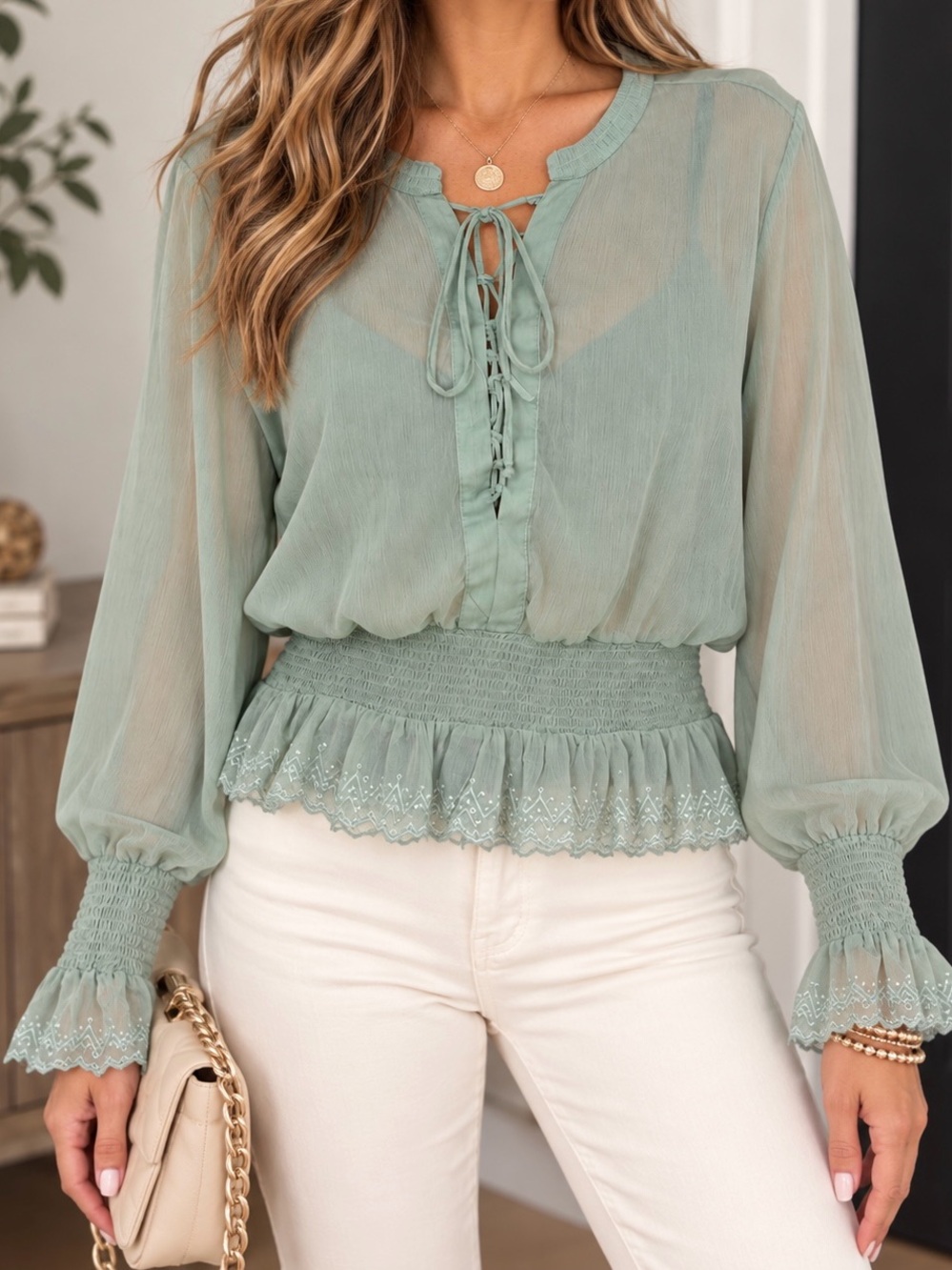 VENUS Sage Lace-Trim Sheer Peasant Blouse- Size 10 (Medium)
